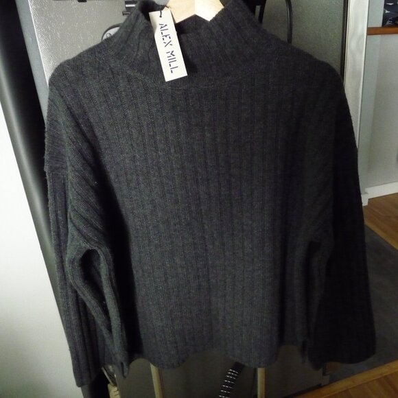ALEX MILL BOXY CHARCOAL GREY CASHMERE/WOOL MOCK NECK LOW/HIGH HEM SWEATER NEW  M - Picture 1 of 8